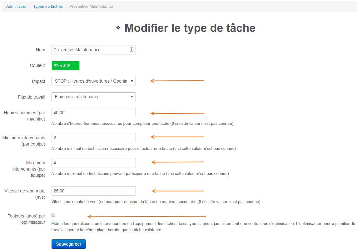 Optimisateur : configuration des types de tâches.